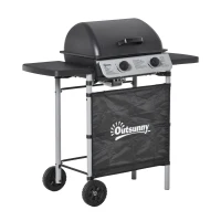 Outsunny Gratar pe gaz cu Capac si 2 Arzatoare cu o putere totala de 5,6 kW, Gratar din Otel cu Roti si Rafturi, 104x49x99cm Negru(m-15)