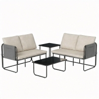 Outsunny Set Mobilier Grădină Exterior 4 Piese cu 2 Canapele 2 Locuri 2 Mese din Sticlă Perne Huse Detașabile și Buzunare Kaki