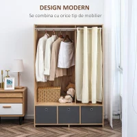 HOMCOM Dulap din PAL cu sina pentru agatat, 3 sertare din tesatura cu aspect de in si 3 rafturi, 105x48x160 cm, culoarea lemnului(m-4)