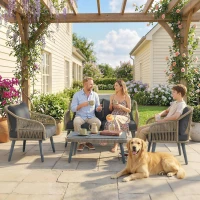 Outsunny 4 Piece Rattan Garden Furniture Set with Loveseat, Armchairs, Wood Table, Wicker Patio Conversation Set, Grey(m-9)