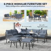 Outsunny 6 Piece Rattan Garden Furniture Set, 8 Seater Garden Corner Sofa with Cushions and Glass Top Table, Sectional Outdoor Furniture Conservatory Set for Patio, Charcoal Grey(m-4)