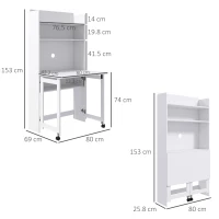 HOMCOM Scrivania Pieghevole con Libreria a 4 Ripiani, 2 Ruote e Foro Passacavi, 80x69x155 cm, Bianco(m-3)