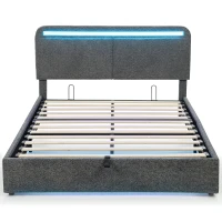 HOMCOM Lit coffre 140 x 190 cm avec éclairage LED, tête de lit réglable, cadre de lit double, sommier à lattes en bois, gris(m-12)