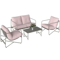 Outsunny Conjunto de Jardín Exterior de 4 Piezas con Sofá de 2 Plazas 2 Sillones Mesa de Vidrio Templado Cojines Gruesos Rosa(m-10)