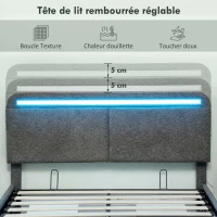 HOMCOM Lit coffre 140 x 190 cm avec éclairage LED, tête de lit réglable, cadre de lit double, sommier à lattes en bois, gris(m-6)