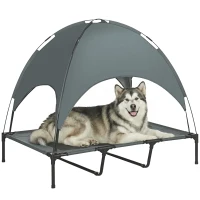 PawHut Lit chien sureleve avec parasol, lit de camp chien chat sur pieds tissu Oxford respirant, anti-UV cadre en métal sac de transport inclus couchage extérieur pour chat 122 x 92 x 108 cm gris noir(m-1)