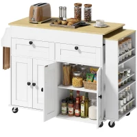 HOMCOM îlot central cuisine avec plateau extensible, desserte de cuisine sur roulettes avec 2 tiroirs, 4 portes, blanc(m-11)