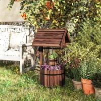 Outsunny Wood Wishing Well for Outside with Hanging Bucket, Wishing Well Planter with Drain Hole for Garden Patio, Carbonized(m-2)