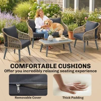 Outsunny 4 Piece Rattan Garden Furniture Set with Loveseat, Armchairs, Wood Table, Wicker Patio Conversation Set, Grey(m-7)