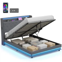 HOMCOM Lit coffre 140x190cm éclairage LED et station de charge cadre de lit double rembourré lin rangement hydraulique gris(m-7)