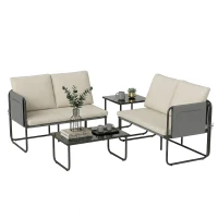 Outsunny Set Mobilier Grădină Exterior 4 Piese cu 2 Canapele 2 Locuri 2 Mese din Sticlă Perne Huse Detașabile și Buzunare Kaki(m-6)
