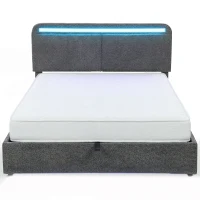 HOMCOM Lit coffre 140 x 190 cm avec éclairage LED, tête de lit réglable, cadre de lit double, sommier à lattes en bois, gris(m-1)