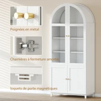 HOMCOM Armoire de cuisine, vaisselier vitrine avec 4 portes dont 2 en acrylique et étagères réglables, 78 x 40 x 180 cm, blanc(m-7)