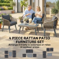 Outsunny 4 Piece Rattan Garden Furniture Set with Loveseat, Armchairs, Wood Table, Wicker Patio Conversation Set, Grey(m-4)