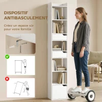 HOMCOM Bibliothèque étagère de rangement étroite, 32x24x181,5cm avec porte 2 tiroirs compartiments ouverts, blanc(m-7)