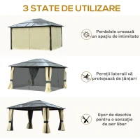 Outsunny Pavilion de grădină Hardtop 4.2 x 3.6 m, Draperii cu plasă împotriva insectelor, Structură din aluminiu, Maro+Crem(m-7)