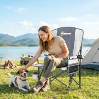 Outsunny Padded Camping Chair Adults Heavy Duty Folding Chair Side Pocket Cup Holder Carry Bag Outdoor Light Grey(m-2)