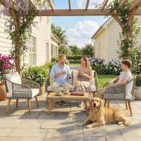 Outsunny 4 Piece Rattan Garden Furniture Set with Loveseat, Armchairs, Wood Table, Wicker Patio Conversation Set, Cream White(m-9)