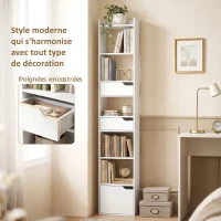 HOMCOM Bibliothèque étagère de rangement étroite, 32x24x181,5cm avec porte 2 tiroirs compartiments ouverts, blanc(m-6)