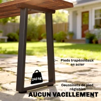 Outsunny Banc de Jardin en Bois Sans Dossier en Bois, Pieds trapézoïdaux en acier, 2 Places à Effet Bois, 150x28x48cm, Carbonisé(m-6)
