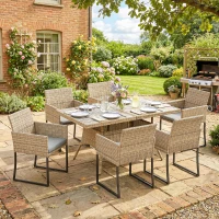 Outsunny 7 Piece Rattan Garden Furniture Set, Garden Dining Set with Wood-Plastic Table and 6 Stackable Chairs, Dark Grey(m-2)