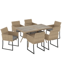 Outsunny 7 Piece Rattan Garden Furniture Set, Garden Dining Set with Wood-Plastic Table and 6 Stackable Chairs, Dark Grey