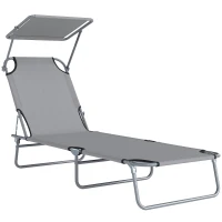Outsunny Outdoor Foldable Sun Lounger, 4 Level Adjustable Backrest Reclining Sun Lounger Chair with Angle Adjust Sun Shade Awning for Beach, Garden, Patio, Light Grey(m-11)