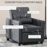 HOMCOM Fauteuil convertible 1 place 3 en 1 dossier réglable en 3 positions oreiller inclus 2 poches latérales 69x82x85cm gris(m-4)