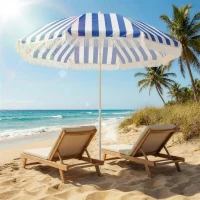 Outsunny Chapéu de Sol de Praia com Franjas Ø180 cm Chapéu de Sol Exterior com Altura Ajustável Inclinação 30° Azul e Branco(m-9)