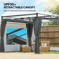 Outsunny 3 x 3 m Pergola with Retractable Roof Canopy and Curtains, UPF30+ Metal Frame Garden Pergola Gazebo Sun Shade, Dark Grey(m-4)