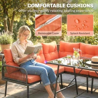 Outsunny 6 Piece Rattan Garden Furniture Set, 8 Seater Garden Corner Sofa with Cushions and Glass Top Table, Orange(m-6)