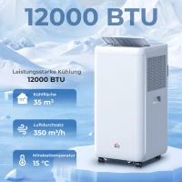 HOMCOM Mobiles Klimagerät mit Abluftschlauch 12000 BTU 3,5 kW, 5-in-1, 24h-Timer, Fernbedienung bis 35㎡(m-2)