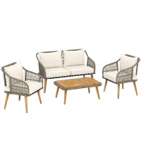 Outsunny 4 Piece Rattan Garden Furniture Set with Loveseat, Armchairs, Wood Table, Wicker Patio Conversation Set, Cream White(m-1)