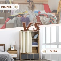 HOMCOM Dulap din PAL cu sina pentru agatat, 3 sertare din tesatura cu aspect de in si 3 rafturi, 105x48x160 cm, culoarea lemnului(m-7)