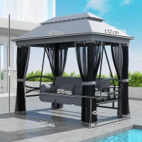 Outsunny 3 Seater Swing Chair 3-in-1 Convertible Garden Swing Seat Bed Gazebo Patio Bench Outdoor with Double Tier Canopy, Cushioned Seat, Mesh Sidewalls, Grey(m-4)