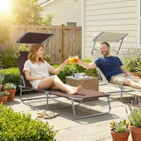 Outsunny Folding Sun Lounger with Canopy, Reclining Sunbed with 4-Position Adjustable Backrest, 600D Oxford Cloth, Portable Garden Lounger Recliner Chair for Beach, Camping, Patio, Brown(m-2)