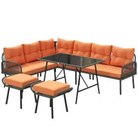 Outsunny 6 Piece Rattan Garden Furniture Set, 8 Seater Garden Corner Sofa with Cushions and Glass Top Table, Orange(m-1)