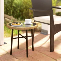Outsunny Table Basse Ronde de Jardin, Table d'Appoint Exterieur en Résine Tressée et Plateau en Verre Trempé, 46x46x43cm, Naturel(m-2)