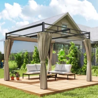 Outsunny 3 x 3 m Pergola with Retractable Roof Canopy and Curtains, UPF30+ Metal Frame Garden Pergola Gazebo Sun Shade, Khaki(m-9)