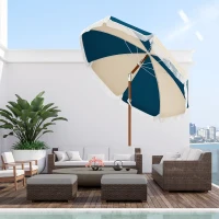 Outsunny Parasol inclinable rond Ø 225 cm avec franges polyester haute densité anti-UV mât démontable, vintage bleu et beige(m-10)