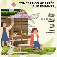 AIYAPLAY Table pique-nique enfant avec bancs, coussins, parasol pliable, boîtes de rangement amovibles, motif à flamant, rose(m-6)