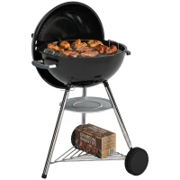 Outsunny barbecue portable au charbon, grille extérieure ronde avec couvercle, thermomètre, roues, noir.(m-6)