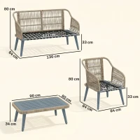 Outsunny 4 Piece Rattan Garden Furniture Set with Loveseat, Armchairs, Wood Table, Wicker Patio Conversation Set, Grey(m-3)