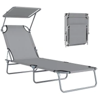 Outsunny Folding Sun Lounger with Canopy, Reclining Sunbed with 4-Position Adjustable Backrest, 600D Oxford Cloth, Portable Garden Lounger Recliner Chair for Beach, Camping, Patio, Light Grey(m-10)