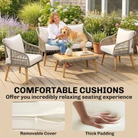 Outsunny 4 Piece Rattan Garden Furniture Set with Loveseat, Armchairs, Wood Table, Wicker Patio Conversation Set, Cream White(m-7)