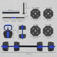SPORTNOW Ensemble d'Haltères Musculation 6-en-1 Haltère Réglable 30 kg Kettlebell, Barre de Musculation Support pour Pompes Bleu(m-3)