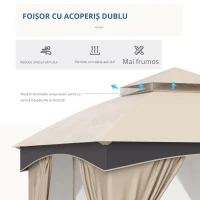 Outsunny Foișor de Grădină 3x3m, Pavilion Exterior cu Acoperiș Dublu, Include Plasă de Tânțari și Draperii Laterale, Cadru Metalic Robust, Bej/Maro(m-6)