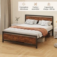 HOMCOM Cadre de lit double 200 x 160 cm en acier avec sommier et tête de lit compatible matelas aspect bois foncé(m-6)