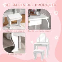 HOMCOM Tocador para Niños con Espejo y Taburete Tocador Infantil Tocador de Maquillaje para Niña de 3 a 6 Años con Cajón Blanco(m-6)