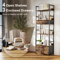 HOMCOM Industrial Style Bookcase, with 4 Shelves and 3 Fabric Drawers - Brown/Black(m-4)